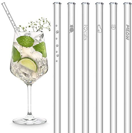 HALM Glasstrohhalme Original 6 Stück graviert: Süße Kater + Katzen Motive - Strohhalme 20cm - Kätzchen Liebhaber Geschenkidee - Stabil - Spülmaschinenfest - Made in Germany