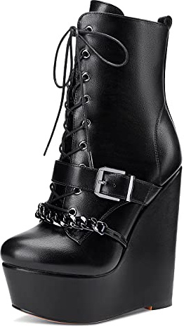 NobleOnly Donna Zeppa Platform Stivali alla Caviglia Cerniera Lacci Cuneo Plateau 15CM Wedge Boots Nero Opaco Scarpe EU36