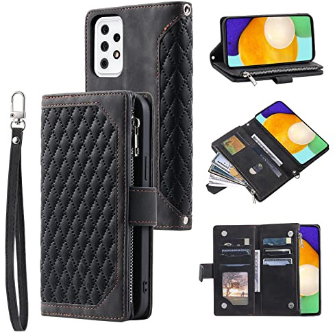 QLTYPRI Hülle für Samsung Galaxy A52 5G/4G & A52s 5G, Premium Leder Handyhülle mit Große Kapazität 6 Kartenfach & 1 Reißverschluss Tasche Ständer Schutzhülle für Samsung A52/A52S - Gesteppte Schwarz