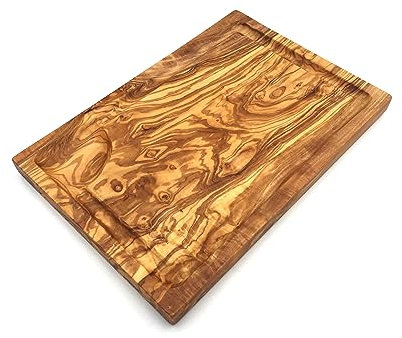 Tabla de carne con surco para zumo de 30 cm, rectangular, tabla de trinchar, tabla de madera, de madera de olivo hecha a mano