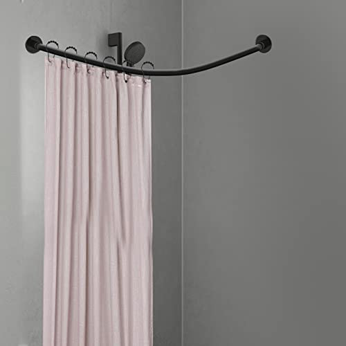 Duschvorhangstange L-Form Duschstange Ecke Badewanne Erweiterbare Teleskopstange Eckduschstange mit Duschvorhang Ringe für Garderobe Bad Umkleideraum, Ohne Bohren, Schwarz