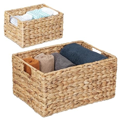 Relaxdays Juego Almacenamiento Set 2 Cestas Almacenaje, Jacinto de Agua, Cajas Organizadoras Decorativas, 2 Tamaños, Baño y Salón, Natural, Hierro, 19 x 28 x 37 cm