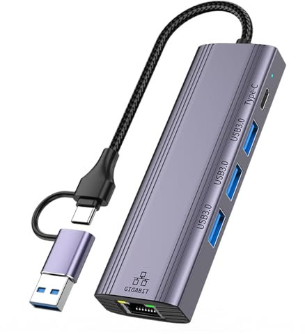 Oliveria Adaptateur USB-C Vers Ethernet Gigabit RJ45 LAN 1000 Mbit/s Avec 3 Ports USB 3.0 - Pour Windows XP/Mac/Linux/Chromebook
