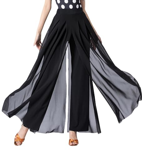 Qsuccua Latein-Tanzhose für Damen, moderner Tanz, Übung, langer Schlitz, Ballsaal, elastische Taille, Damenhose
