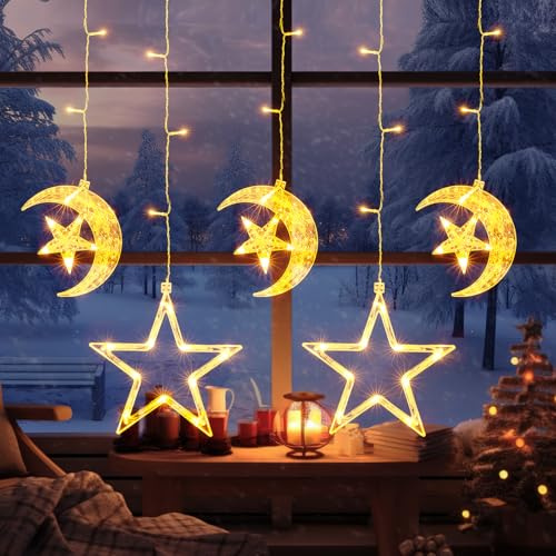 GlobaLink Sternen-Mond-Lichtervorhang 69LED mit Timer | 8 Modi, batteriebetrieben, für Innen & Außen, Ramadan, Kinderzimmer, Schlafzimmer und Hochzeit