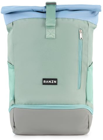 RANZN® – Barcelona – Premium Damen & Herren Rolltop Rucksack, Wasserabweisend, mit Schuhfach und flexiblem Yoga-Stauraum, Tagesrucksack mit Laptopfach, Grün