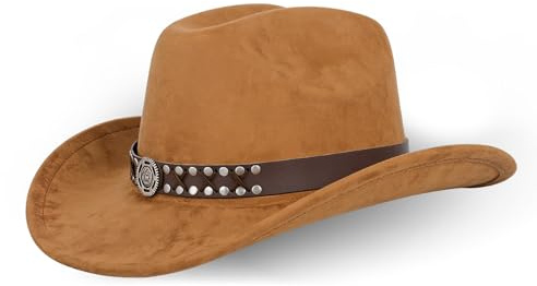 Khakifarbener Cowboyhut für Damen und Herren, breite Krempe, Outdoor-Mode, Wildlederimitat, mit Metall-Rand, weich, bequem, braun, 2