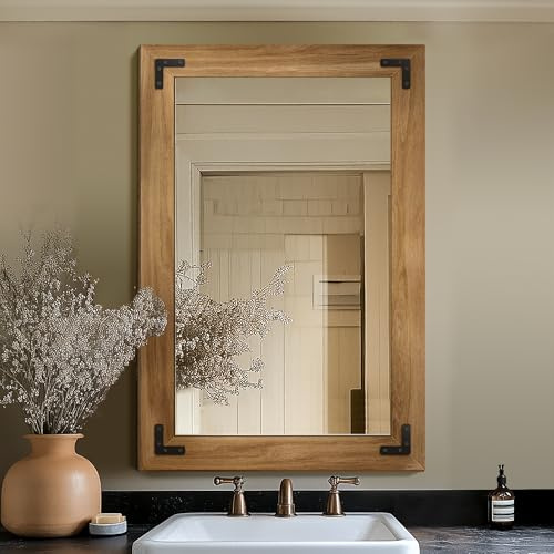 Bathroom Mirror for Wall with Wooden Frame, 36x24 Solid Wood Vanity Mirror for Farmhouse, Bathroom, Bedroom Decor, Vertical or Horizontal Hanging