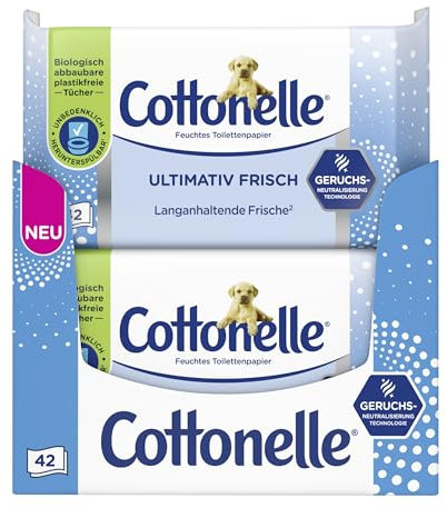 Cottonelle Feuchtes Toilettenpapier, Ultimativ Frisch, 12 x 42 Tücher, DEODYCYLX-Technologie, Sanft zur Haut, Ohne Alkohol und Farbstoffe, Sensitive, Biologisch Abbaubar