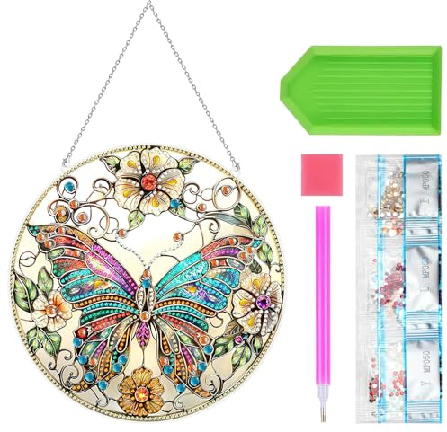 Diamond Painting Fensterbilder Schmetterling Diamant Painting Fensterbild Türkranz Anhänger mit Kette Fenster Deko Glitzer Frühling Fensterdeko Diamond-Painting Aufsteller für Eingang Wand Decor