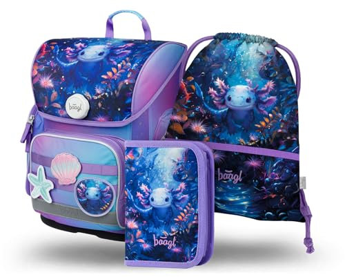 Baagl Schulranzen Jungen Mädchen Set 3 Teilig, Ergo Schultasche für 1. Klasse, Ergonomische Grundschule Ranzen Tornister mit Brustgurt (Axolotl)