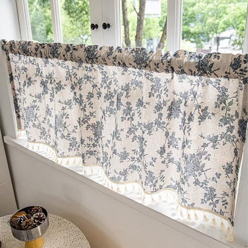 NSXIN Scheibengardine Halbtransparent Bistrogardine Blumen Küchengardinen Landhausstil Gardinen Quasten Vorhänge Kurz für kleine Fenster Küche Wohnzimmer (Orchideenstock,150cm*46cm)