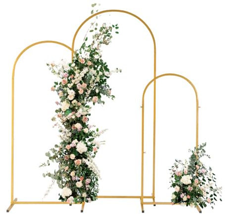 Bonnlo Ensemble de 3 Arche Ballon,Arche Mariage en Fer forgé doré|Support de Fond en métal pour Mariage, Jardin, fête d’Anniversaire, décoration intérieure et extérieure|180x80cm, 150x65cm, 120x50cm