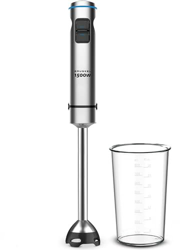 Grunkel - Batidora de Mano 1500W Acero Inoxidable y 4 Cuchillas Titanio, Vaso incluido y Opción de Accesorios con Varilla, Picadora y Soporte. Encaje Metálico y Base de Silicona (1500 W y Vaso)