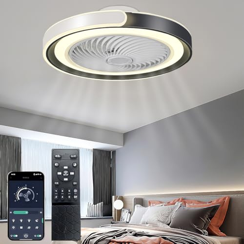 AHRHSM Ventilateur-Plafond-avec-Lumiere-Silencieux Lampe-ventilo plafond-Dimmable Lustre-Ventilateur-de-Plafond-avec-Télécommande Reversible 3 Températures de Couleur - et 6 Vitesses (Noir et blanc)