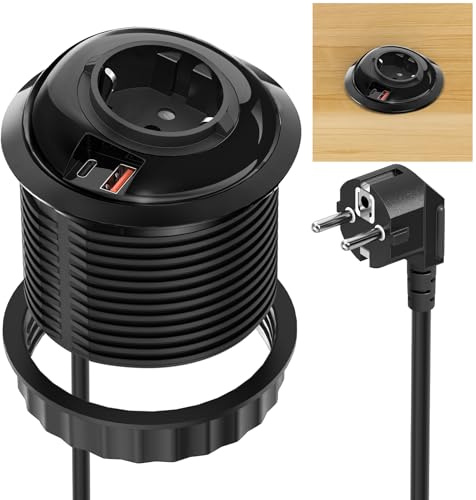 Sewingvr Einbausteckdose mit USB C PD 20W, Versenkbare Steckdose mit USB A und C, Steckdose Schreibtisch für 80mm Tischloch, 1,8m Kabel, Schwarz