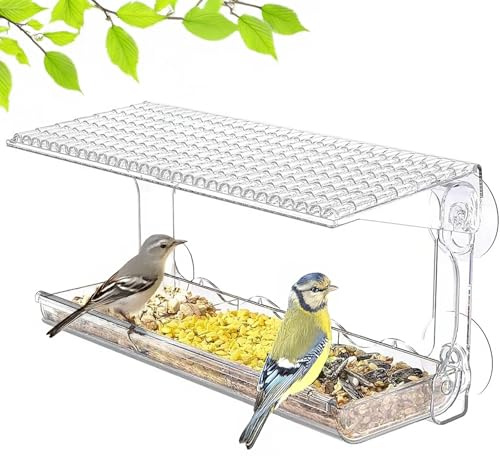 Fågelhus fönster – stort transparent foderhus 24,5 x 10 x 14 cm med fågelbad, avtagbar fågelmatare med 2 fack och halkstänger, skruvklistermärken, för små vilda fåglar