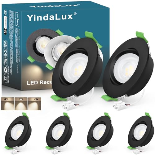 YindaLux LED Einbaustrahler 230V 4000K Neutralweiß 5W 550LM 45° Schwenkbar GU10 Deckenspots Schwarz Flach LED Spots 230V 68mm bohrloch IP44 Bad Einbauleuchten Einbauspots 6er Set, Nicht dimmbar