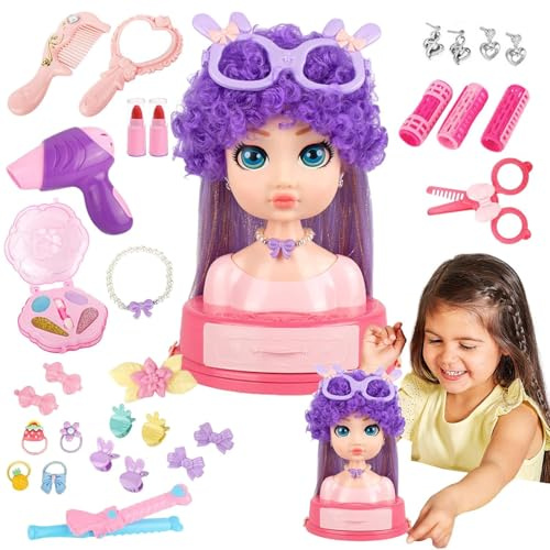 Generisch Cabeza de muñeca de peluquería y maquillaje para niños | Salón de belleza educativo Juego de rol para niñas - Juego de peluquería de 31 piezas, juguete de disfraz para niños a partir de 3