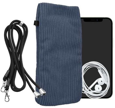kwmobile Handytasche für Smartphones XL - 6,7/6,8 Handy Tasche - Cord Handy Hülle Vintage Blue mit Kordel - Tasche mit Handykette 16,7 x 9,5 cm Innenmaße