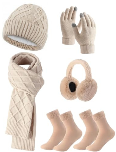 Geyoga 6 Pcs Winter Warm Set for Women Warm Beanies Hats Touchscreen Gloves Long Scarf Ear Muffs Socks Winter Gifts for Women(Beige,Stylish)