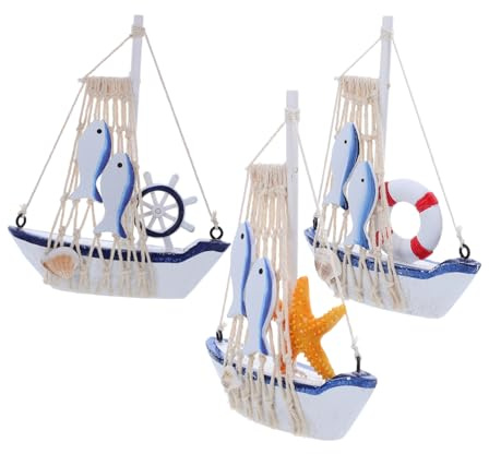 TOYZFRIENDY 3 Stück Holz Segelboot Modell Mediterrane Küsten Deko mit Rettungsring und Seestern Kleine Holzornamente für Tischregal Badzimmer Dekoration