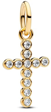 PANDORA Moments 764063C01 - Colgante de cruz de plata de ley con aleación chapada en oro de 14 quilates y circonitas, compatible con Me y Moments