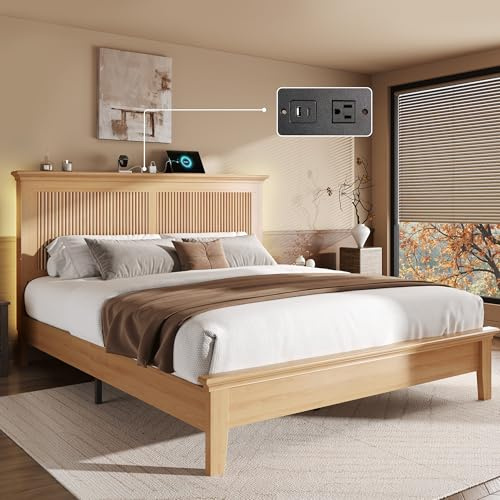 Lifezone Wood Queen Bed, Solid Wood Bed with Tall Headboard, American Vintage Design, Queen Bed with Charging Station & RGB LED, Wood Slats Support,Noise-Free,Sturdy Structure,Easy Assembly, Natural