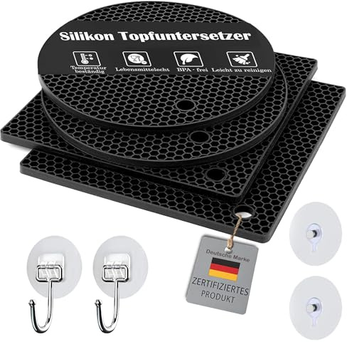 KPYTO 4 Schwarze Silikon-Topfuntersetzer, 8-er Set, mit 4 Klebehacken gratis, spülmaschinenfest,hitzebeständig,rutschfest, für heiße Töpfe und Pfannen