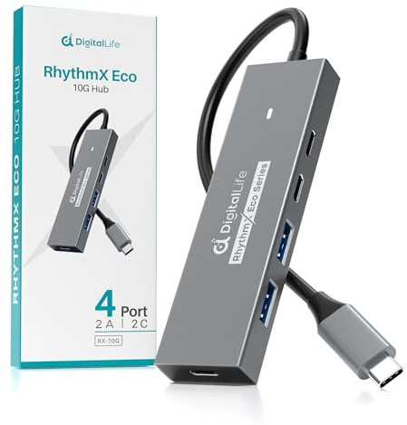 DigitalLife RhythmX Eco Series | Hub USB-C 10Gbps – Adaptador USB 3.2 Gen 2 de 4 Puertos (2× USB-C + 2× USB-A) para Producción Musical, Controladores Midi y Estudio (RX-10G, 1 pz/conf.)