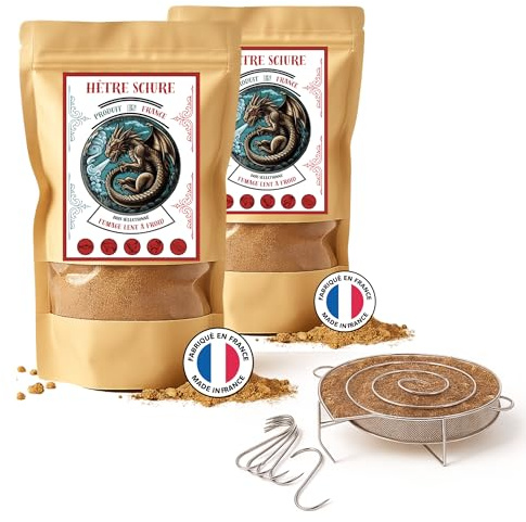 Sciure de Hêtre 2KG + Générateur de fumé + 8 crochets | Fumage à Froid Professionnel | Combustion Régulière et Longue | Fabrication Artisanale Française | Idéale Saumon, Viande et Fromage