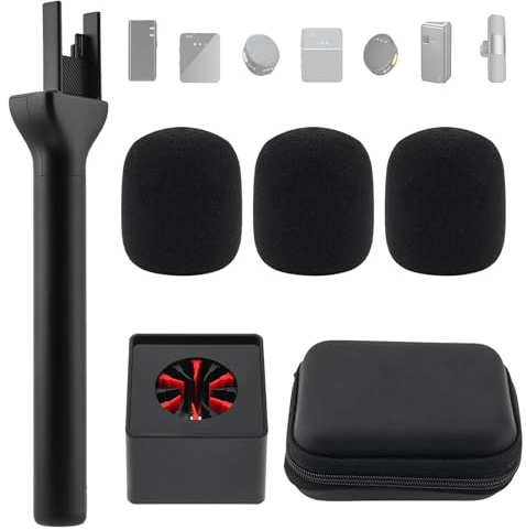 Lifexciting Wireless Mic Handle Microphone Handheld Stand Adapter with Channel Flag Box 3 Pop Filter Wind Muff for Lavalier Mic Holder for Outdoor Recording Vlogging Interview Podcast Reports