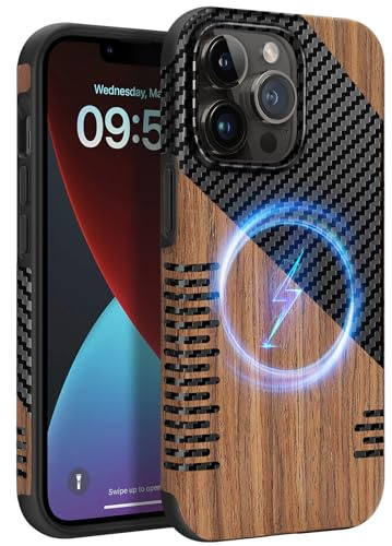 ZZDZZ Coque Magnétique pour iPhone 13 Pro [Compatible avec MagSafe] Étui en Bois et Cuir Protection Antichoc Housse pour iPhone 13 Pro - Twill Bois