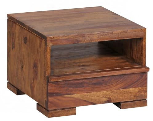 FineBuy Nachttisch Sheesham Massivholz mit Schublade & Ablagefach – Flache Landhaus Nachtkommode für Schlafzimmer, Nachtkästchen mit Stauraum für Futon Betten – 40x40x30 cm