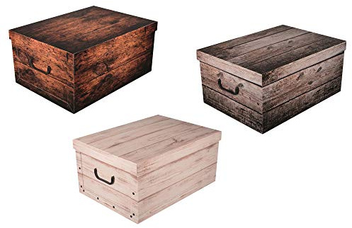 Kreher 3 Stück XL 45 Liter Deko-Kartons, Ordnungsboxen, Stapelboxen mit Deckel und Griffe, 51 x 37 x 24 cm (Holz Weiß, Grau, Dunkelbraun)