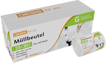 DEISS - Bolsas de basura de 23-30 L para cubo de apertura táctil Brabantia Touch Bin (tamaño G), 400 unidades | Tamaño: 440 x 760 + 50 mm. Bolsas de basura con cordón verde (10 rollos de 40 unidades), ideales para sanitarios, oficinas