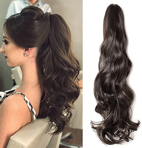 Silk-co 18 Zoll Haarteil Pferdeschwanz gewellt Haarverlängerung Pferdeschwanz Synthetik Clip On Ponytail Extensions, Dunkelbraun