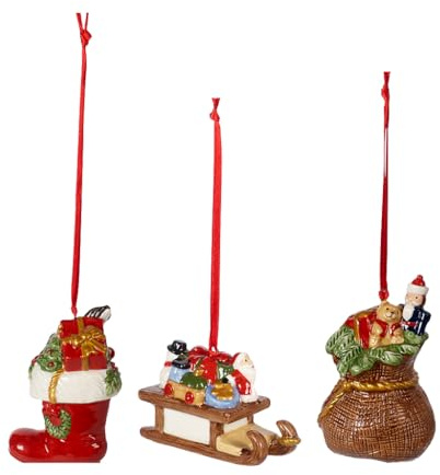 Villeroy & Boch - Set de Adornos con Motivo de Regalos Nostalgic Ornaments de 3 Piezas, Bota, Trineo y Saco con Regalos como decoración del árbol Hecho de Hard Porcelain