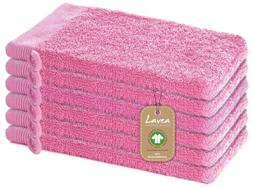 Lavea® 6er Set Waschhandschuh 16x22 cm – Koralle | 100% Baumwolle, weicher Frottee Waschlappen, saugstark, hautfreundlich, waschbar und strapazierfähig – Frottierserie Bali