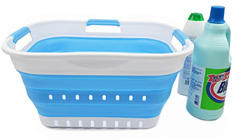 SAMMART Faltbarer Super Mini-Wäschekorb aus Kunststoff, mit 3 Griffen, 19 l, faltbar, Pop-Up-Aufbewahrungsbehälter/Organizer, platzsparender Wäschekorb (Weiß/Marineblau)