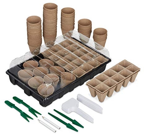 Relaxdays Anzuchtset 131 TLG., für Pflanzen, Anzuchtkasten mit Anzuchttöpfen, Pikierwerkzeug & Pflanzschildern, schwarz