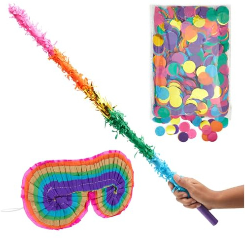 Pinata Stick and Blindfold Set Including 76 cm Rainbow Pinata Bat, Blindfold, Round Confetti