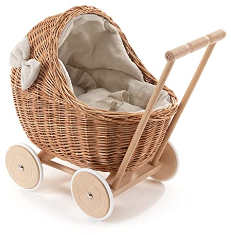 e-wicker24 Alles aus Weide DESAYER PUPPENWAGEN AUS WEIDE MIT LEINEN BETTWÄSCHE, Spielzeug WEIDEN, NATÜRLICHE KINDERSPIELZEUG, EIN KINDERGESCHENK (Natur), 48x28 H47