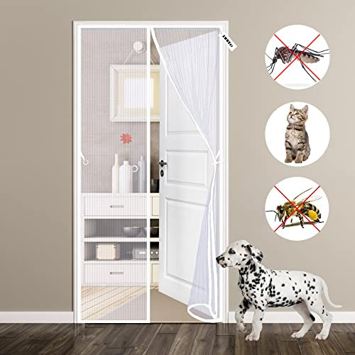 Double Door Magnetic Fly Screen - Fits Doors up to 110 x 190 cm Max Mesh Curtain with Full Frame Hook and Loop, Powerful Magnets, Snap Shut Automatically for Patio, Sliding, Large Door White