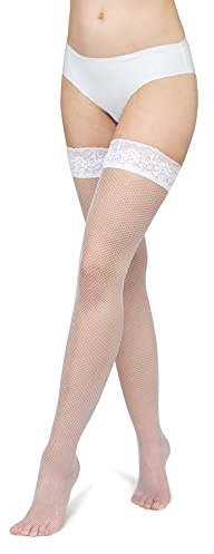 LORES Calze autoreggenti a rete da donna, in pizzo, con motivo a rete, calze alte sopra il ginocchio, burlesque, White, XS-S