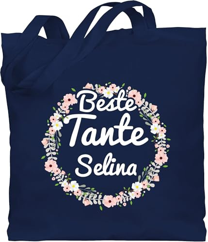 Baumwolltasche - Beste Tante - Boho Blumenkranz mit Name - Unisize - Navy Blau - personalisierte geschenke für tasche tanten beutel spruch auntie jutebeutel personalisierbar einkaufstasche
