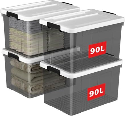Cetomo 90L*4 Caja de Almacenamiento, Caja de Plástico con Tapa y Cierre Seguro, Contenedor de Almacenamiento Grande, Duradera, Apilable, Resistentes, Negro Transparente, Paquete de 4 de 90L