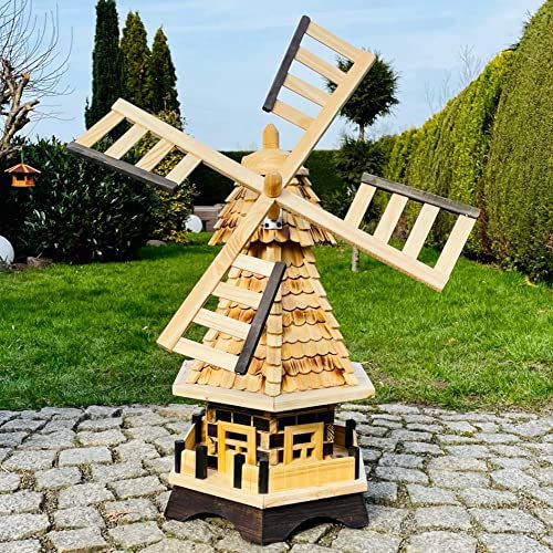 DARLUX Sechseck handgefertigte Garten-Windmühle XL für draußen, kugelgelagert, Holz Natur, Höhe 91 cm, Durchmesser Flügel 66 cm (Natur/Natur)