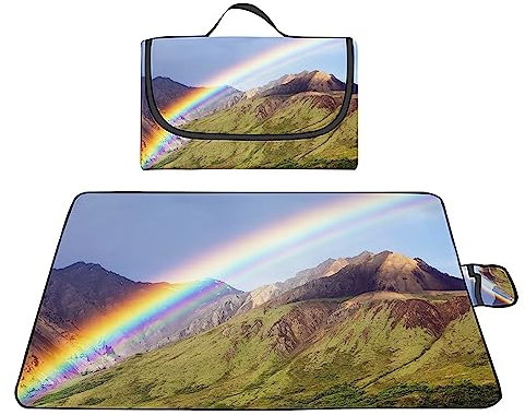 TengYuer Picknickdecke 180x200cm Stranddecke Wasserdicht Sandfrei Isoliert Faltbar Strandmatte mit Tragegriff Outdoor Campingdecke XXL für Camping Parks Strände Picknick Blauer Himmel Regenbogen