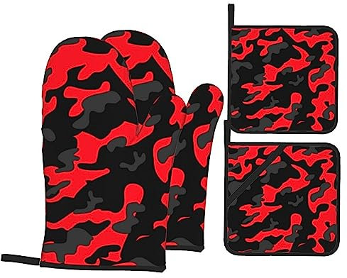 Ofenhandschuhe und Topflappen, 4er-Set, hitzebeständig, Küchenhandschuhe, Rot, Camouflage, mit heißen Pads für Backen, Garten, Arbeitszubehör